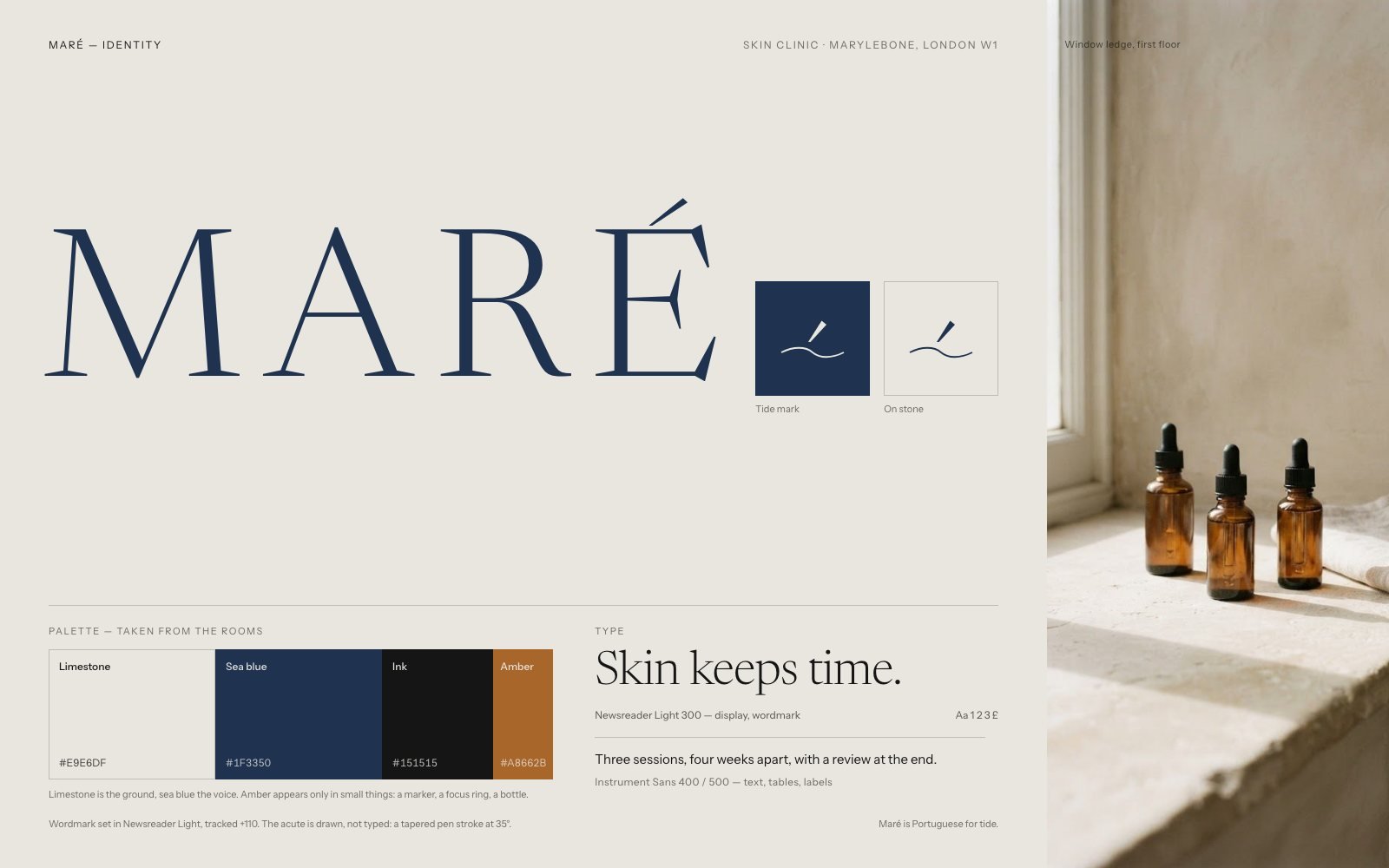 Maré brand sheet: wordmark, secondary mark, colours and type